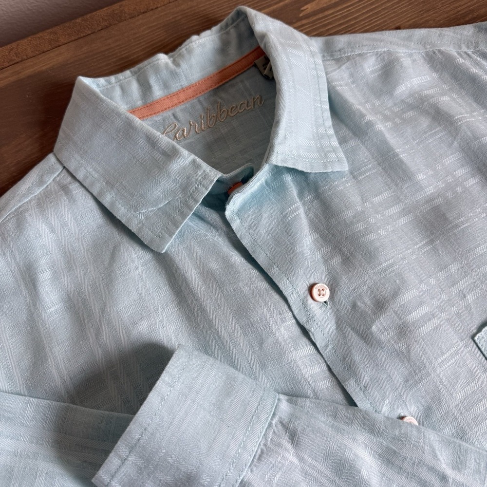 Caribbean Men's Large Aqua Blue Linen Blend Long Sleeve Button‎ Up Shirt Collar